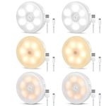 Tailcas Motion Sensor Lights Indoor, Two-Color Upgrade (Cold White/Warm White), USB Rechargeable LED Night Light with Auto/On/Off Modes, with Removable Magnet Sheet Stick-On Cupboard Lights, 6 Pack…