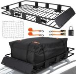 BouPower Rooftop Cargo Basket 64" x 39" Steel Universal Roof Rack Basket with Cargo Carrier Bag,Roof Rack Accessories,Adjustable to 48"x 39",200 Lbs Capacity,Car Roof Basket for SUV, Truck,Vehicle