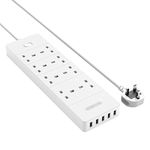 Multi Plug Extension Sockets Switched 8 Gang Electrical Outlets 13amp with 5 USB Charging Ports and 1700J Surge Protector Lightning Strikes Protection, Power Saving Large Block Extender- White