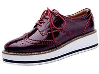 DADAWEN Women's Platform Lace-Up Wingtips Square Toe Oxfords Shoe Red 8 US