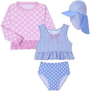 Lilian & Gema 4-Piece Baby Toddler Girl Swimsuit Set - Tankini & Rash Guard Girls Bathing Suit with UPF 50+ Sun Protection, Blue&Pink, 2T