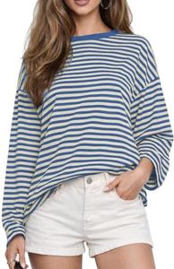 CHYRII Womens Oversized Striped Long Sleeve Fall T Shirt (Indigo Blue XS)