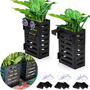 BABORUI 2 Pack Aquarium Plant Holder with Hooks and Suction Cups, Hanging Aquatic Planter Cups for Aquarium Decorations Plants, Aquarium Decor for Fish Tank Live Aquarium Plants, Black, (H-207)