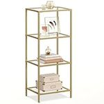 VASAGLE Bookcase, 4-Tier Bookshelf, Slim Shelving Unit, Tempered Glass, Steel Frame, Gold ULGT28G