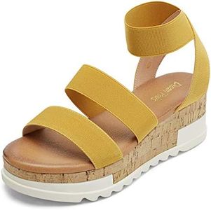 DREAM PAIRS Women's Open Toe Ankle Strap Casual Flatform Platform Wedges Sandals,Size 5,Yellow,Reed-1