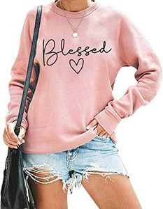 UNIQUEONE Blessed Sweatshirt for Women Letter Print Lightweight Thanksgiving Pullover Tops Blouse (Pink, Large)