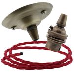 Art Deco Emporium Vintage Styled Ceiling Pendant Kit incl. Antiqued Brass Finish Rose, B22 Bulb Holder and 3 Core Bright Red Braided Twisted Flex