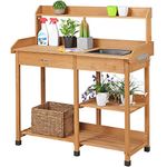 Yaheetech Garden Potting Table Wood Potting Bench Removable Sink Drawer Planting Germination Workstation w/Open Shelves & Side Hooks for Patio Balcony Yard Lawn