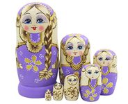 Winterworm Cute Little Girl with Big Braid Handmade Matryoshka Wishing Dolls Russian Nesting Dolls Set 7 Pieces Wooden Kids Gifts Toy Home Decoration Purple