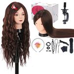 Mannequin Head with Hair, Manikin Doll Head with 80% Real Human Hair and Table Clamp Holder + DIY Hair Styling Braid Set, Cosmetology Make-up Hairdressing Training Head (Dark Brown)