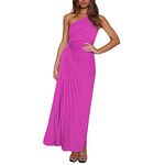 LOVHOT Women One Shoulder Sleeveless Maxi Dress Sexy Smocked High Waist Side Cut Out Flowy Pleated Bodycon Gown Long Dress (Rose Red, L)