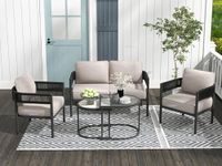 LIDDSTE Outdoor 4 Seater Sofa Set with Center Table | Balcony & Patio Furniture | Braid & Rope Garden Conversation Sofa Set (Grey & Black)