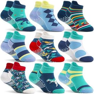 Welwoos Baby Boys Toddlers Grips Socks Kids Non Slip Anti Skid Ankle Cotton No Show Socks with Grippers 9 Pairs(Dinosaur,8-12 Years)