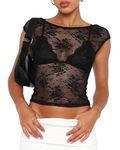 Women Floral Lace Sheer Crop Top Y2k Slim Fit Mesh See Through Short Sleeve Backless T Shirts Aesthetic Grunge Streetwear Tees (A-Black, S)