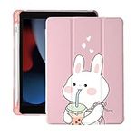 Cute Kawaii Bunny for iPad Mini 6 Case with Pencil Holder, Auto Sleep/Wake, Pink Leather Soft TPU Back Cover