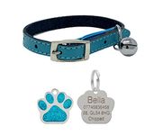 Leather Cat Collar, Safety Elastic Bell & Engraved Glitter Tag (Blue)