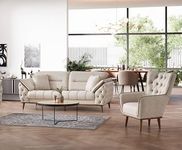 Emporium Furniture Chesterfield Cream Brown Leather Living Room Furniture Set, Sofa bed 3 & 2 seater Loveseat Sofas Couches & Armchairs (Cream, 2+1 Seater)