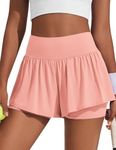 PINSPARK Women's 2 in 1 Flowy Running Shorts Casual Summer Athletic Workout Gym Tennis Short with Pockets, Orange Pink, Large