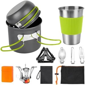 aiGear 8pcs Camping Cookware Mess Kit, Camping Pot and Pan Set with Mini Backpacking Stove, Stainless Steel Cup, Spork and Tank Bracket, Cooking Gear for Hiking Camping Outdoor Picnic