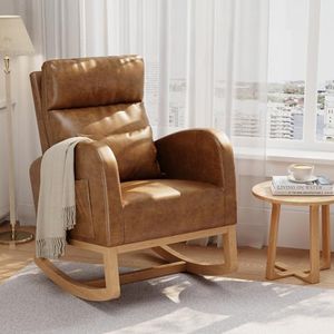 GarveeHome PU Leather Rocking Chair, Modern Nursery Glider Chair with Side Pockets and Pillow, Rocker Chair for Living Room Bedroom Nursing Room, Brown