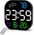 R RUNILEX Digital Wall Clock LED Digital Alarm Clock Large Display with Remote Control, Date and Temperature, Auto Dimming, Day of Week for Home & Office (Black)