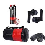 Emmcraz Gym Bag with Spider Bottle with Wrist Support & Gym Gloves Home Gym Kit Combo (Red)