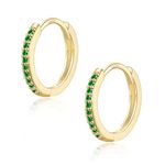 CERSLIMO Earrings for Women Girls - 10mm Gold Hoop Earrings, S925 Sterling Silver Small Gold Earrings | Tiny Helix Tragus Cartilage Huggie Earrings, Green Emerald Cubic Zirconia Cuff Sleeper Earring