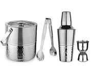 Steren Impex | Stainless Steel 4 Piece Half Hammered Bar Set for Drink/Gift, Double Wall - Ice Bucket with Tong, Peg Measurer & Cocktail Shaker