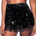 REETAN Sequin Sparkly Skirt Disco Fringe Short Skirt Rave Party Dance Belly Skirt for Women and Girls, C-black, 40 Short