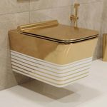 B Backline Ceramic Wall Mount/Wall Hung Western Toilet/Commode/Water Closet/European Commode P Trap Outlet Is From WALL With Soft Close Seat Cover For Bathrooms (Gold White 4)