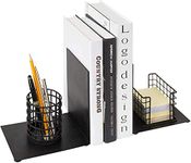 INDIAN DECOR 38735 Freestanding Desktop Metal Bookend, Pair of Black Metal Desktop Bookends with Pencil Holder & Note Pad Dispenser - Black