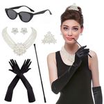 Horolam 6PCS 1920s Accessories, Holly Golightly Costume 20s Accessories Pearl Necklace Earrings Gloves Sunglasses (black)