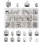 EEE ELECRELIVE 240pcs Tibetan Silver Glue in Leather Cord End Tassel Caps 14 Styles Column Barrel Loop Clasps with Lobster Clasp & Jump Rings for DIY Kumihimo Jewelry Making 3~16mm Cord