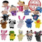 Yabber® 16 Piece Finger Puppet Set 10 Animals 6 People Family Members Educational Puppets for Story