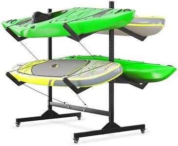 GarveeLife Kayak Storage Rack for 4 Kayaks Freestanding Kayak Rack for Outdoor Storage with Movable Wheels, Heavy-Duty Steel Kayak Hanger Holder with with Hanging Straps, Wide Adjustable