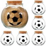 FillTouch 6 Pcs Soccer Printed Round Jar 3.4 oz Round Shaped Glass Jar with Cork Lid 2.56 x 2.56 Inch Mini Decorative Glass Bottle for Soccer Team Coach Player Gift Sport Party Favors Decoration