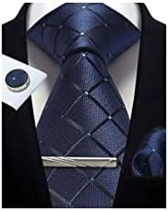 CWKOON Navy Blue Plaid Mens Tie Formal Necktie Pocket Squares Ties Clips Cufflinks Classic for Men Gift Box Set