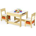 Maxmass 3PCS Kids Table and Chair Set, Wooden Children Activity Desk Chairs with Removable Double Side Tabletop and Storage Drawers, Toddler Play Table Furniture for Eating Drawing Reading (Nature)