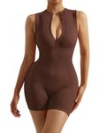 OMKAGI Women Sleeveless Ribbed One Piece Jumpsuit Sexy Zip Up Yoga Romper Seamless All In One Jumpsuits Shorts Workout Ladies Playsuits Unitard Bodycon(Small, Brown)