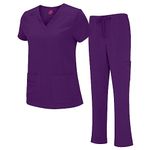 Natural Uniforms Women's Cool Stretch V-Neck Top and Cargo Pant Set, Eggplant, X-Large-Petite