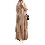 Muslim Two Piece Prayer Dress for Women Abaya Dress Islamic Middle East Dubai Turkey Maxi Abaya Kaftan Full Length Hijab Dress (Khaki)