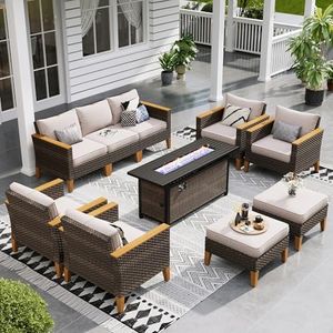Sophia & William Patio Furniture Set with Fire Pit Table, Large Outdoor Wicker Rattan Sectional Sofa 10 Piece Patio Conversation Set for Deck, Backyard, Porch, Outside(56-Inch Fire Pit,Beige)