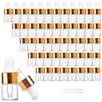 Comrzor 50 Pack 1ml Clear Glass Dropper Bottles with 2 Pcs Plastic Droppers, Mini Sample Dropper Bottles for Essential Oils Perfume Cosmetic Liquid, Empty Travel Sample Vials with Gold Cap