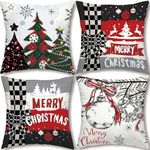 YHJZ Christmas Pillow Covers 18x18 Set of 4 Farmhouse Christmas Decorations Merry Vintage Christmas Throw Pillow Covers Snow Tree Bell Holiday Decor Cushion Case for Home Couch