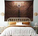 Ambesonne Basketball Tapestry, Old Brick Wall and Basketball Hoop Rim Indoor Training Exercising Stadium Picture, Wide Wall Hanging for Bedroom Living Room Dorm, 60" X 40", Brown Scarlet