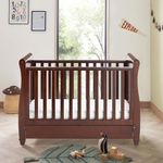 Babymore Eva Sleigh Cot Bed Brown - Drop Side Cot Bed With Mattress Included, Baby Cot Bed With Teething Rail & Drawer, Convertible to Toddler Bed & Day Bed | 3 Adjustable Bed Base Positions (Brown)