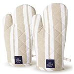 Encasa XO Oven Gloves for Microwave (2 pc Set) - Heat Proof, Thick & Safe | Longer 18x30 cm Mittens for Protection in Kitchen Cooking & Baking - Franca Beige Stripes