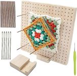 Wooden Crochet Blocking Board, Handcrafted Knitting Blocking Mats, Square Granny Kit with 20 Stainless Steel Pins, 5 Large Eye Needle, Crochet Hook and Stand for Granny Squares Lovers