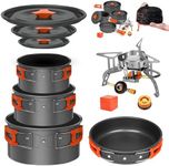 10 Pcs Smokey Camp Backpacking Cooking Set with Stove & Adapter - 3 Pots Large Medium Small 1 Large Pan 1 Stove 1 Adpater, Compact Non-Stick Camping Cookware Mess Kit, All in One Hiking Picnic Outdoor