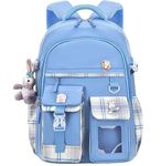 ADSON Kawaii Girls Korean Travel School Bag|Backpack Aesthetics Large 16 Inches Capacity Casual Day Pack Bookbag Rucksack School|College Backpack, Princess Backpack Bookbag for Girls (Plaid Blue)